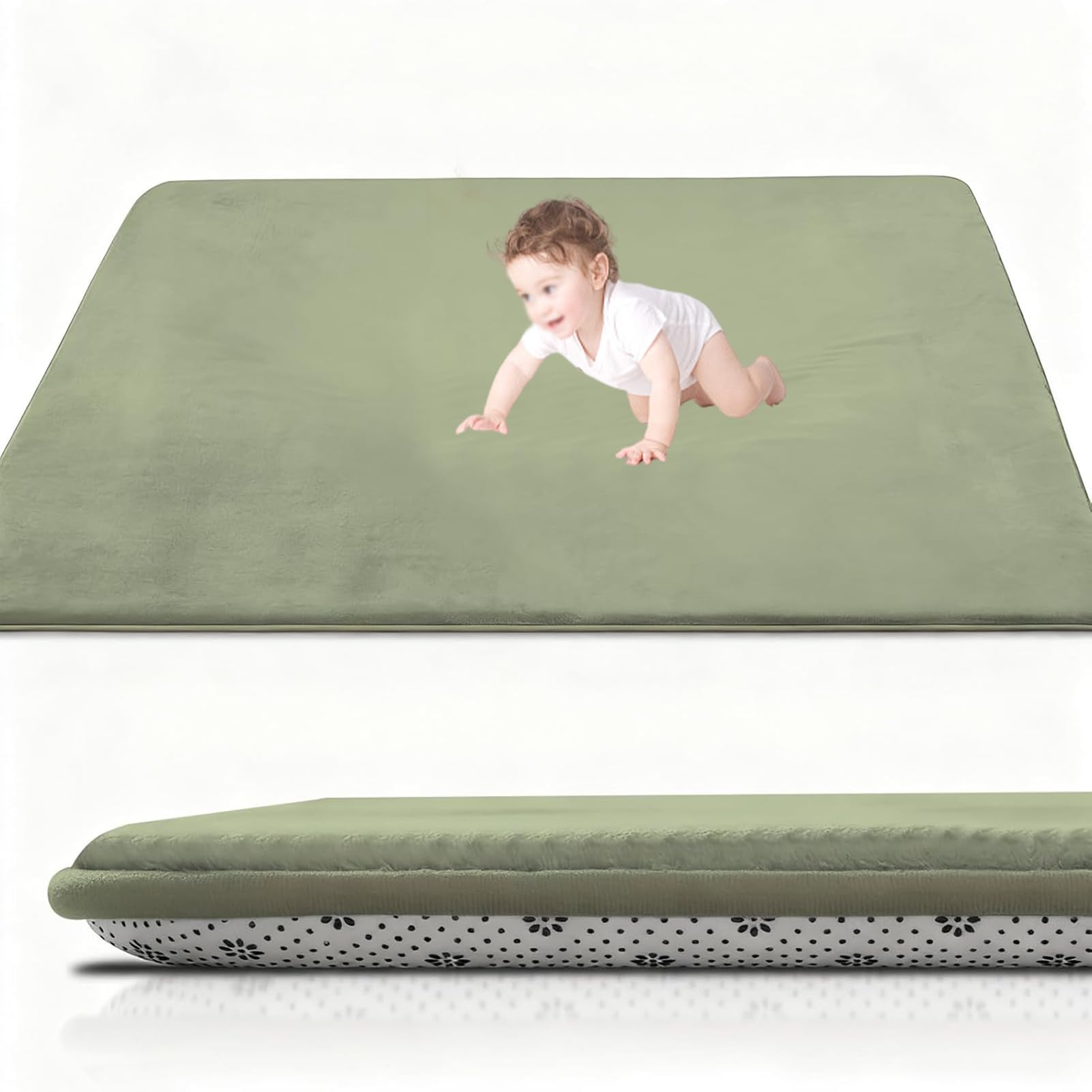 Coral Velvet Baby Play Mat, 2CM Thick Baby Crawling Mat 180 x 350 cm Grass Green Nursery Rug for Crawling & Playing for Bedroom, Kids Room, Playmat Non-slip Nursery Babies Mats for Floor Play