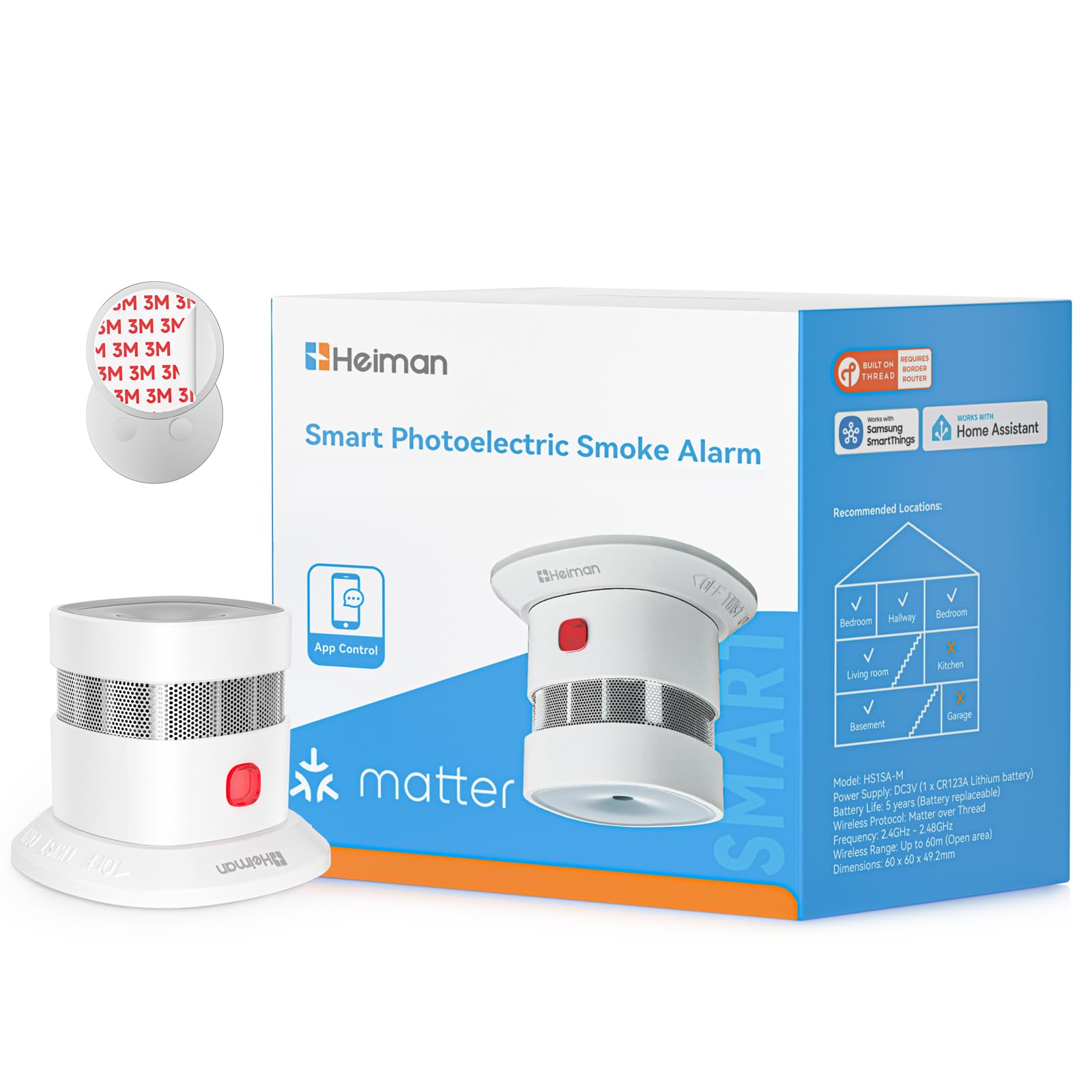 Heiman Detector de Humo Matter Over Thread, con Soporte Magnético, Batería Reemplazable 5 Años, EN 14604, Hub Requerido, para Apple Home, SmartThings & Home Assistant, HS1SA-M