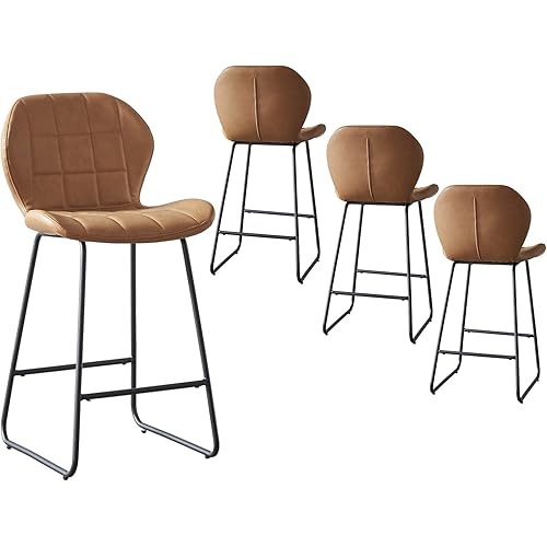 HIPIHOM Bar Stools Set of 4 Modern PU Leather Bar Height Stool Chairs with Back and Footrest for Pub Coffee Home Dinning Kitchen Island (4-Brown)