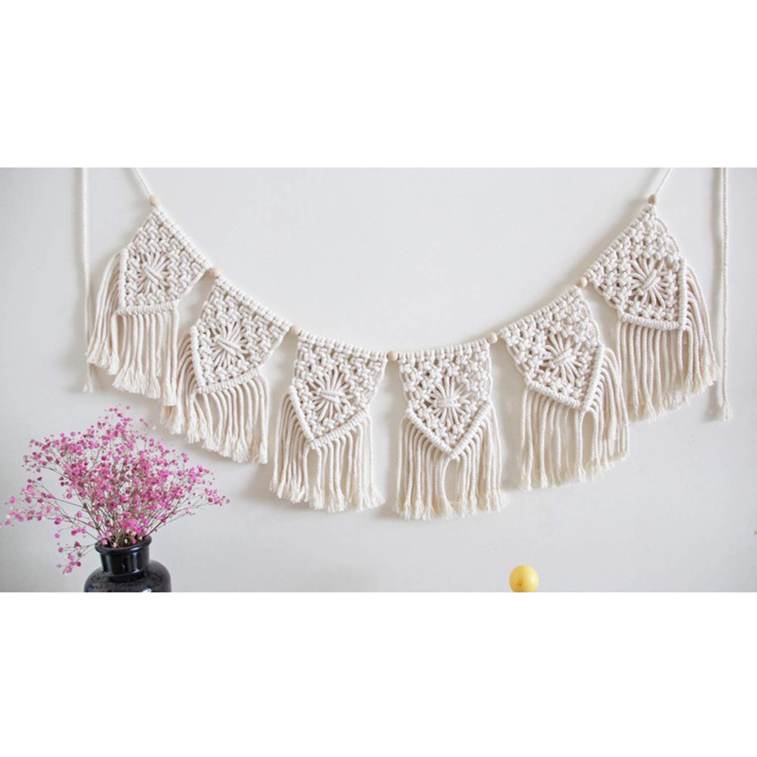 Macrame Colgante de Pared Franja Guirnalda Bandera Bohemia, Cuerda de algodón Hecha a Mano Borla Tejida Tapiz de Pared decoración del hogar para el Dormitorio Boda,White