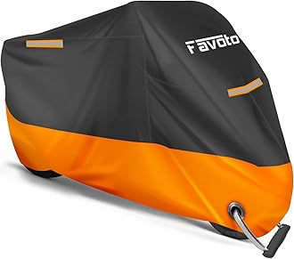 Favoto Updated Version Motorbike Cover 210D Waterproof Motorcycle Cover XXL UV Scratch Bird Droppings Heat-Resistant Outdoor Protection 96.5 x 41x 50 inch with 2 Windproof Buckles, Black-Orange