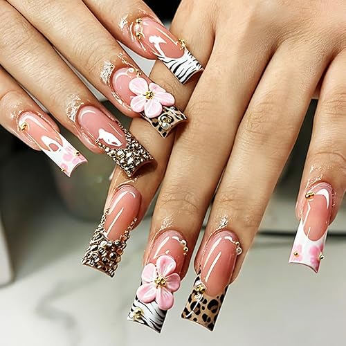 Press on Nails Long Square plalely Animal Print False Nails 24pcs