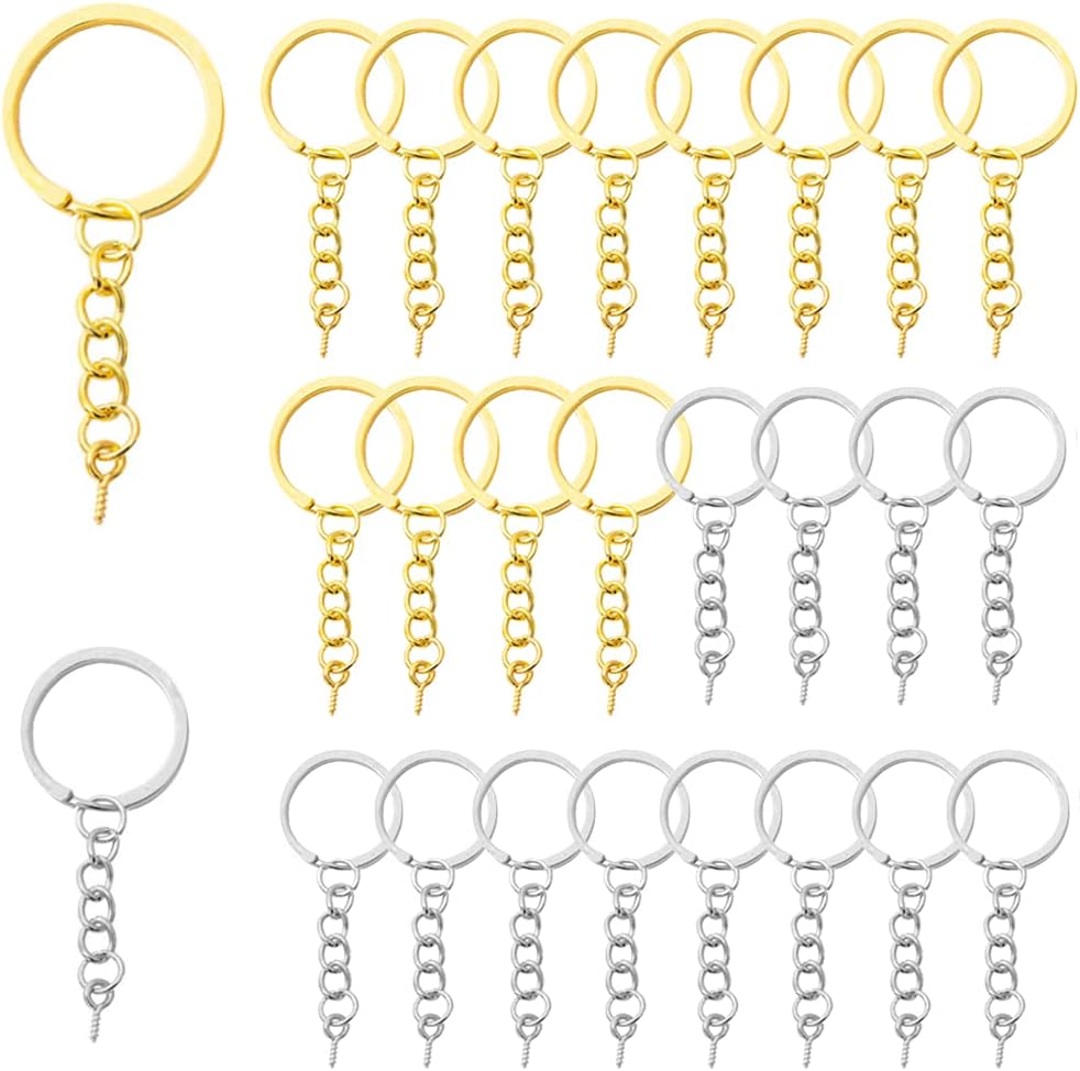 WACH AUFYMDZ 60 Pcs Keychain Ring with Open Jump Rings and Screw Eye Pins Craft Ring Keyring Blanks, Golden and Silver, for Crafts