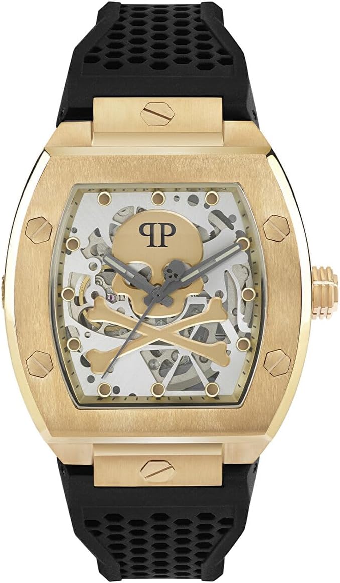 Philipp Plein The $keleton Collection Luxury Mens Watch Timepieces with a Black Strap Featuring a Gold Case and a Grey Dial