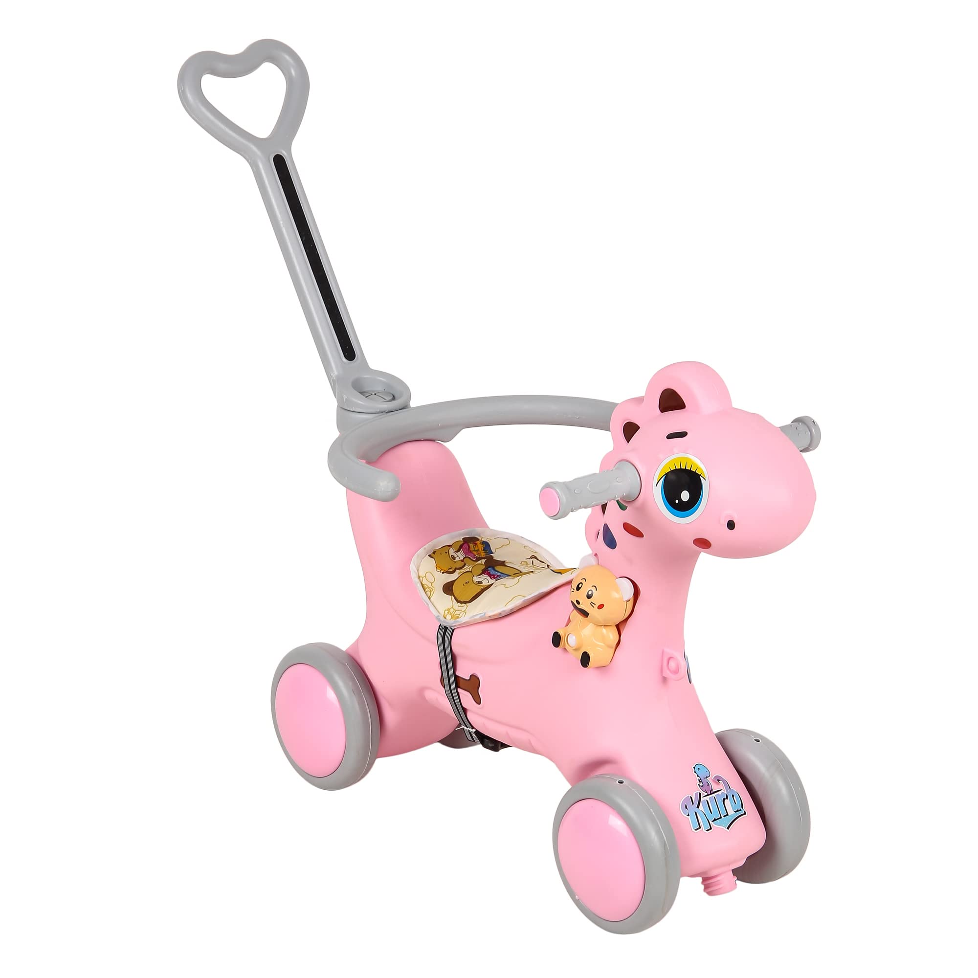 KURB Musical Dino DLX Ride On Toy | Push Rider with Wheels| Horse Rider for Kids 1-3 Years| Indoor & Outdoor for Toddlers Boys & Girls | with Musical Toy| Parental Push Handle (Pink)