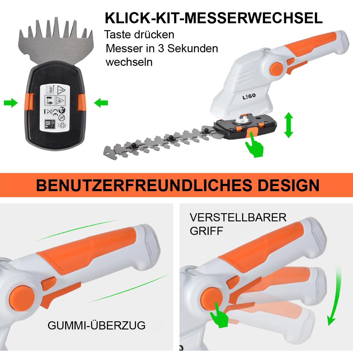 LIGO Akku Grasschere und gartenschere elektrisch für Garten, Li-ion 7.2V(1.5Ah) mit 2 STK Klinge, Schnittbreite 90mm, rasenmäher Elektro mit Einfacher Klingenwechsel, Leichtgewichtiger (Grasschere)