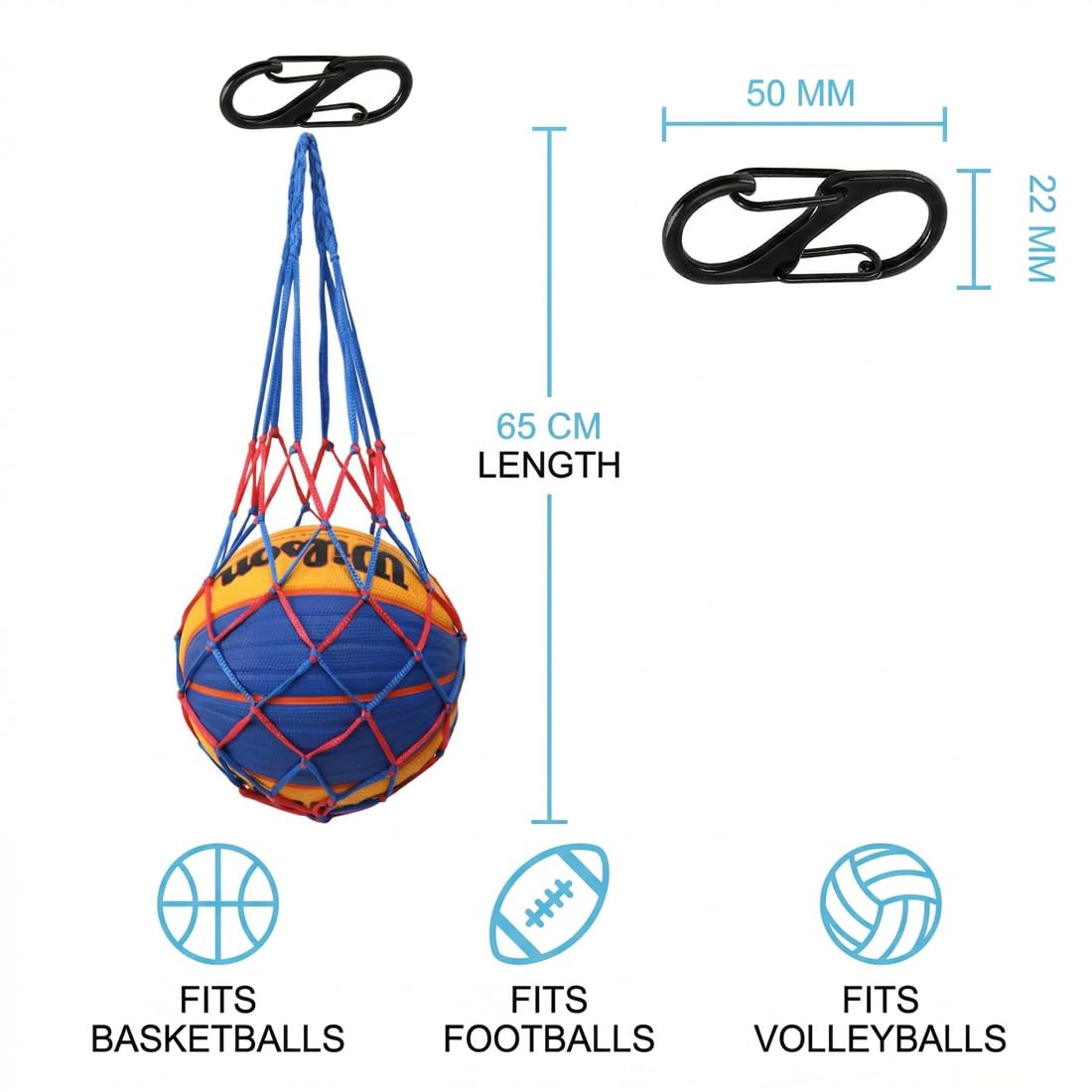 Bolsa de red con mosquetón para balones de baloncesto, fútbol o voleibol, portátil para 1 balón, negra