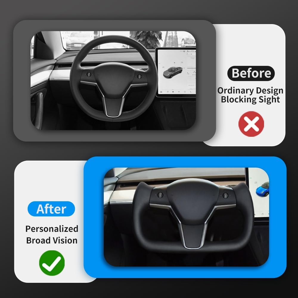 Yoke Racing Steering Wheel, Black Microfiber Leather without Front Trim for Tesla Model 3/Y 2017-2023 With Heating Function