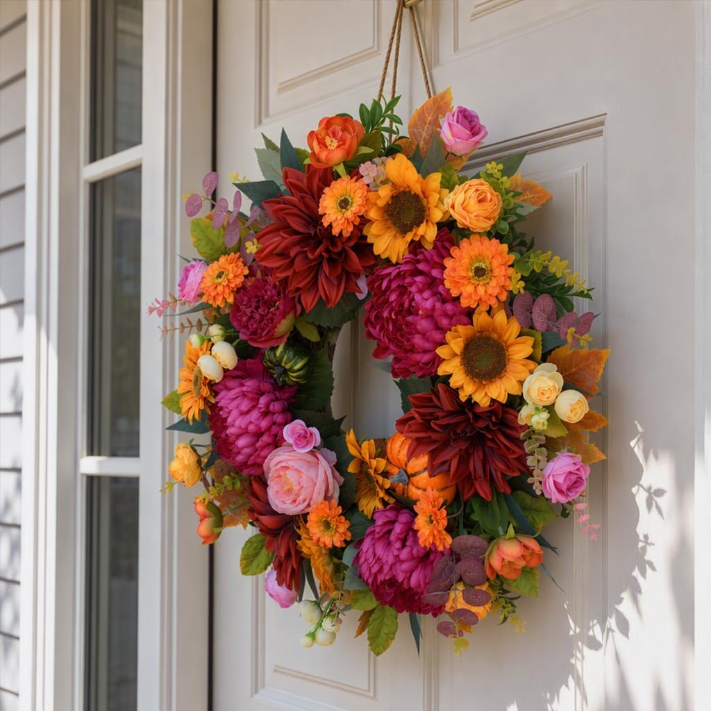 24 Inch Fall Wreath for Front Door, Artificial Harvest Fall Wreath | Autumn Wreath with Dahlias, Sunflowers, Pumpkins, Roses & Seasonal Flowers, Handmade Fall Door Wreath for Front Porch