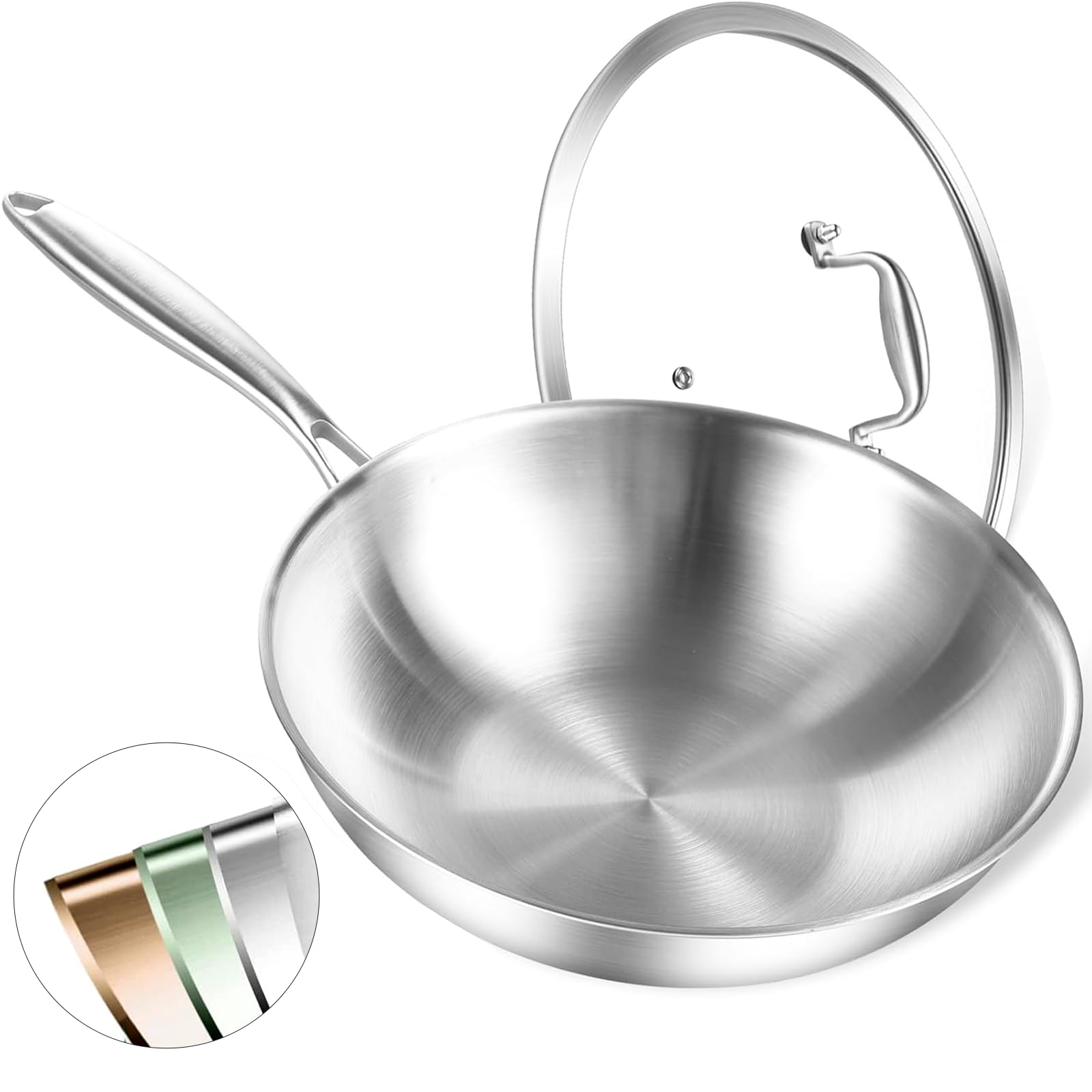 DELARLOCHEF Edelstahl Wokpfannen: Unbeschichtet Pfanne Deckel,752°F(400℃) Backofensicher,Induktion, Gasherd,Hoher Rand,Abnehmbare Griff