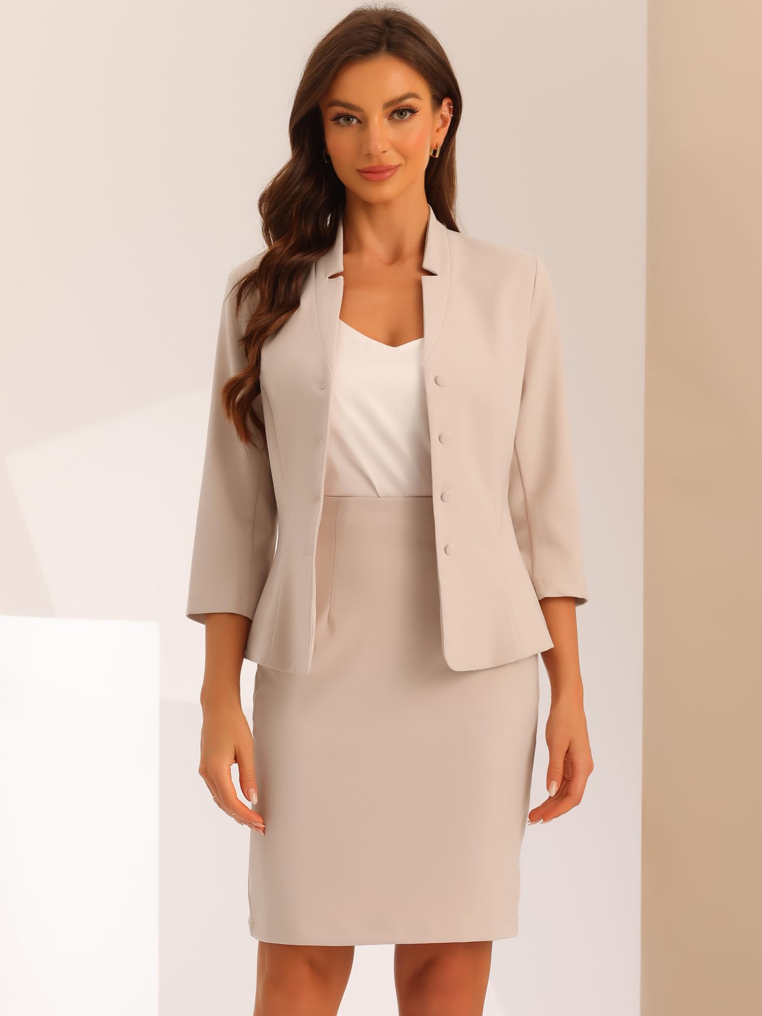 Allegra K Ensemble de Costume Femme Tailleurs-Jupe Professionnel Tenues 2 Pièces Col Cranté Blazer Bottonné d'affaires Jupe Crayon