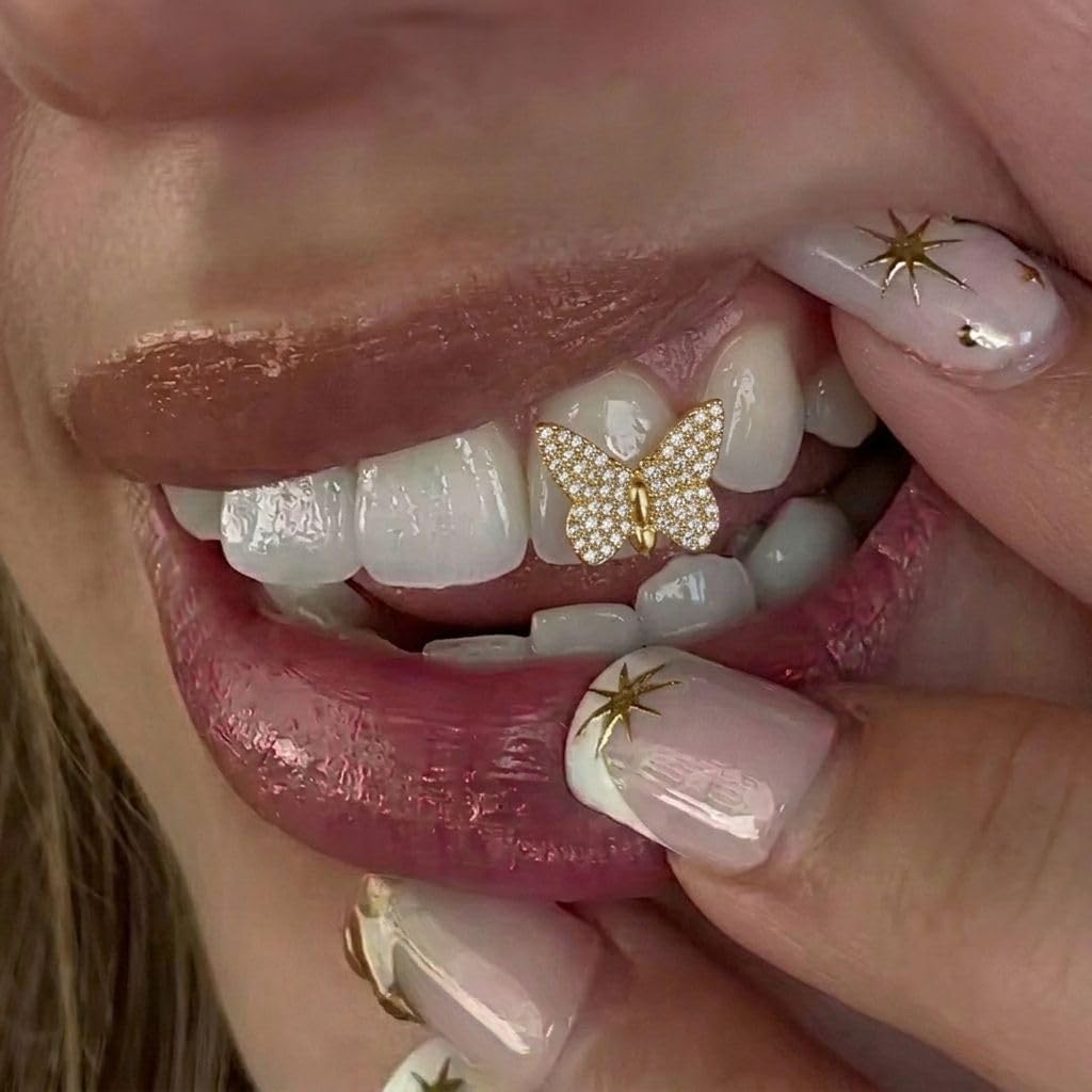 Longita Butterfly Gold Teeth Grillz for Women Grills for Your Teeth Men Gold Tooth Cap Grillz for Women Golden Tooth Jewelry Mouth Grills Rhinestone Hip Hop Outfits Custom Accessory Halloween Party