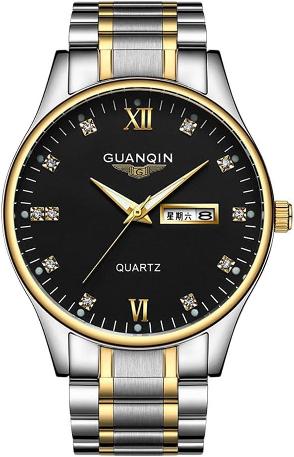 Men Quartz Fashion Business Rhinestone Luminous Calendar Wrist Watch with Analog Display and Stainless Steel Band
