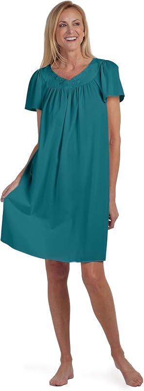Women's Short Tricot Nightgown, Flutter Sleeves and Premium Lightweight Fabric, Embroidered Neckline