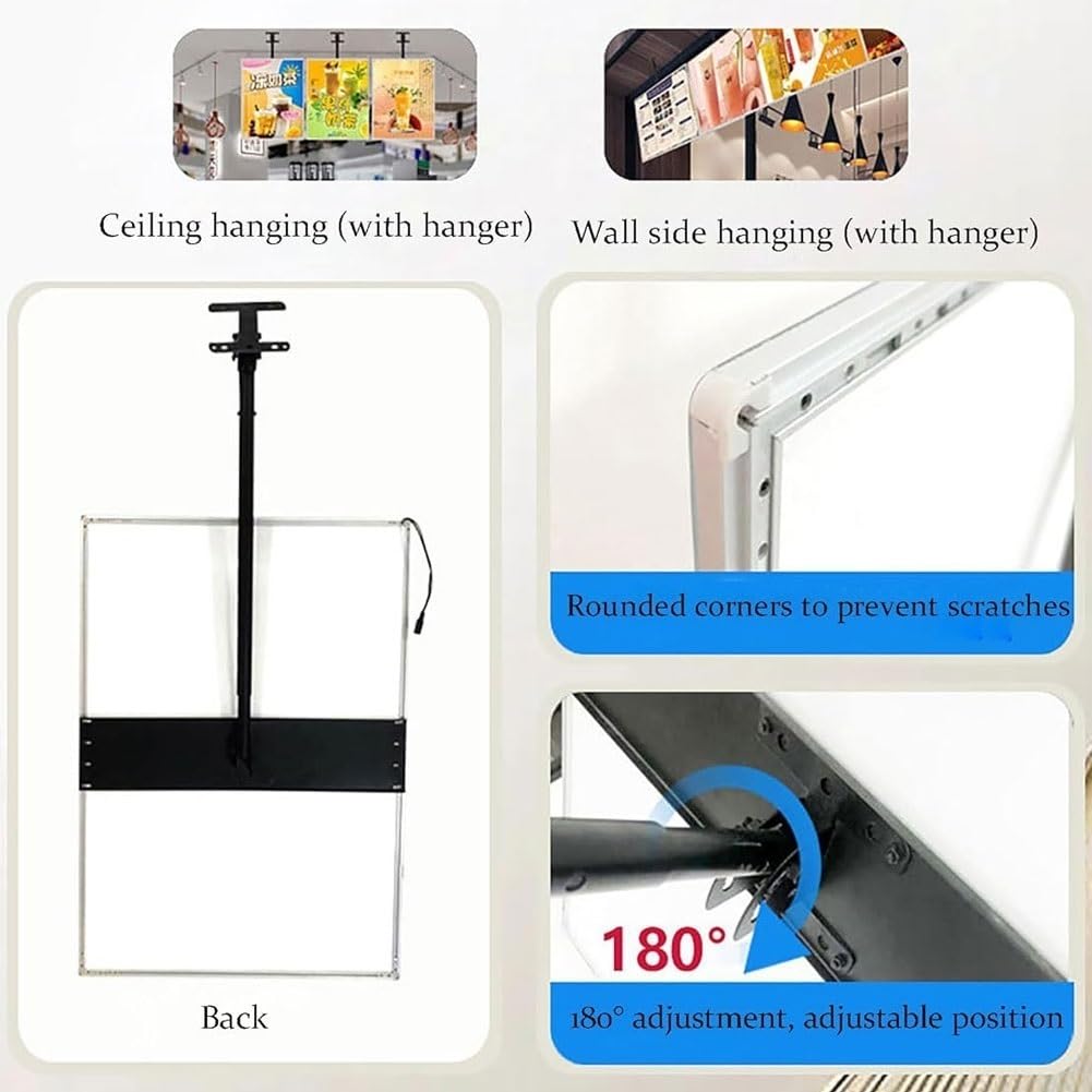 Caja de Luz LED con Marco Desmontable Ultra Delgado, Visualizador Económico Montado en Pared para Cafés y Restaurantes, Cambio de Carteles Fácil con Soporte Telescópico, Cartel Publicitario Comercial