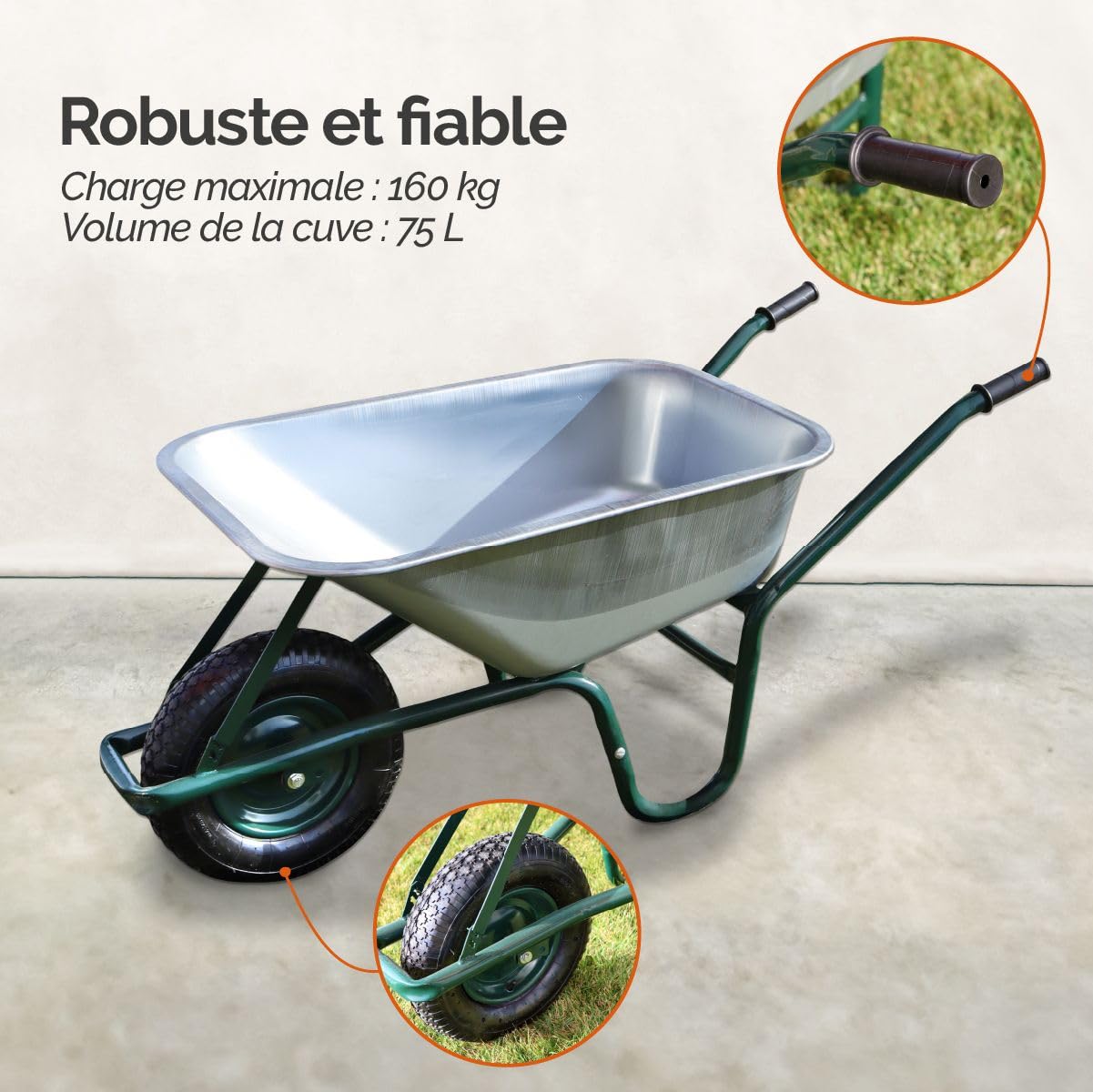 Linxor - Brouette de Jardin, de Chantier Tout Terrain - 75 L - 160 Kg - Acier galvanisé
