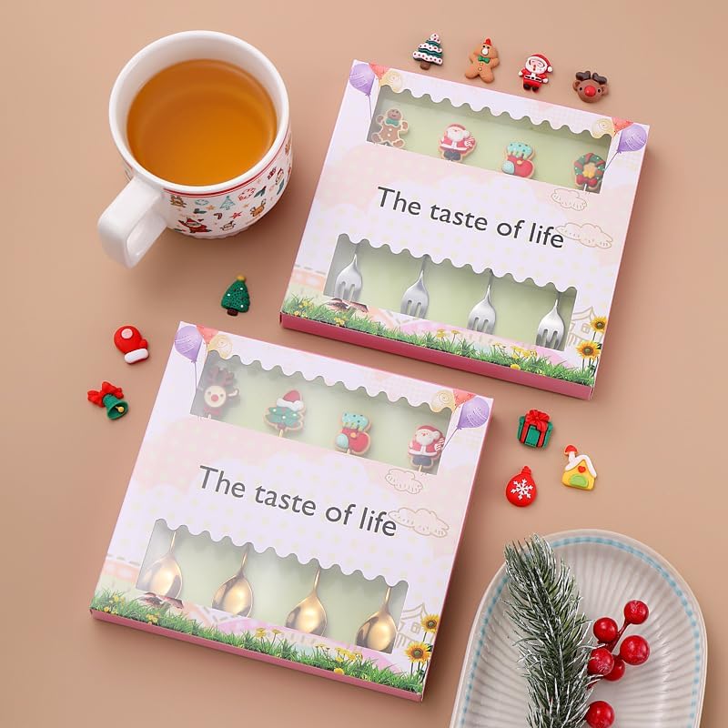 Silverware Flatware Set, 6/24/36/48/60/72pcs Stainless Steel Christmas Spoons Cartoon Dessert Coffee Spoons Creative Christmas Tableware Gift Set(Silver,24 Pieces for 4)