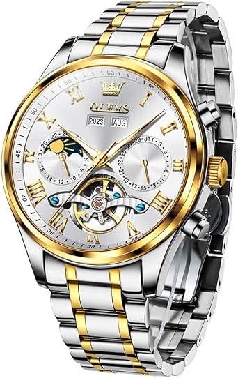 OLEVS Automatic Men Watch Automatic Mechanical Moon Phase Business Luxury Diamond Dress Stainless Steel Waterproof Luminous Men Watches, 7005 Two-tone band & white dial, Automatic Watch