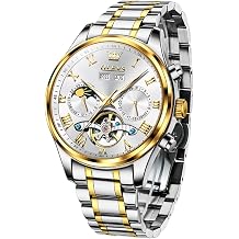 OLEVS Automatic Men Watch Automatic Mechanical Moon Phase Business Luxury Diamond Dress Stainless Steel Waterproof Luminous Men Watches, 7005 Two-tone band & white dial, Automatic Watch
