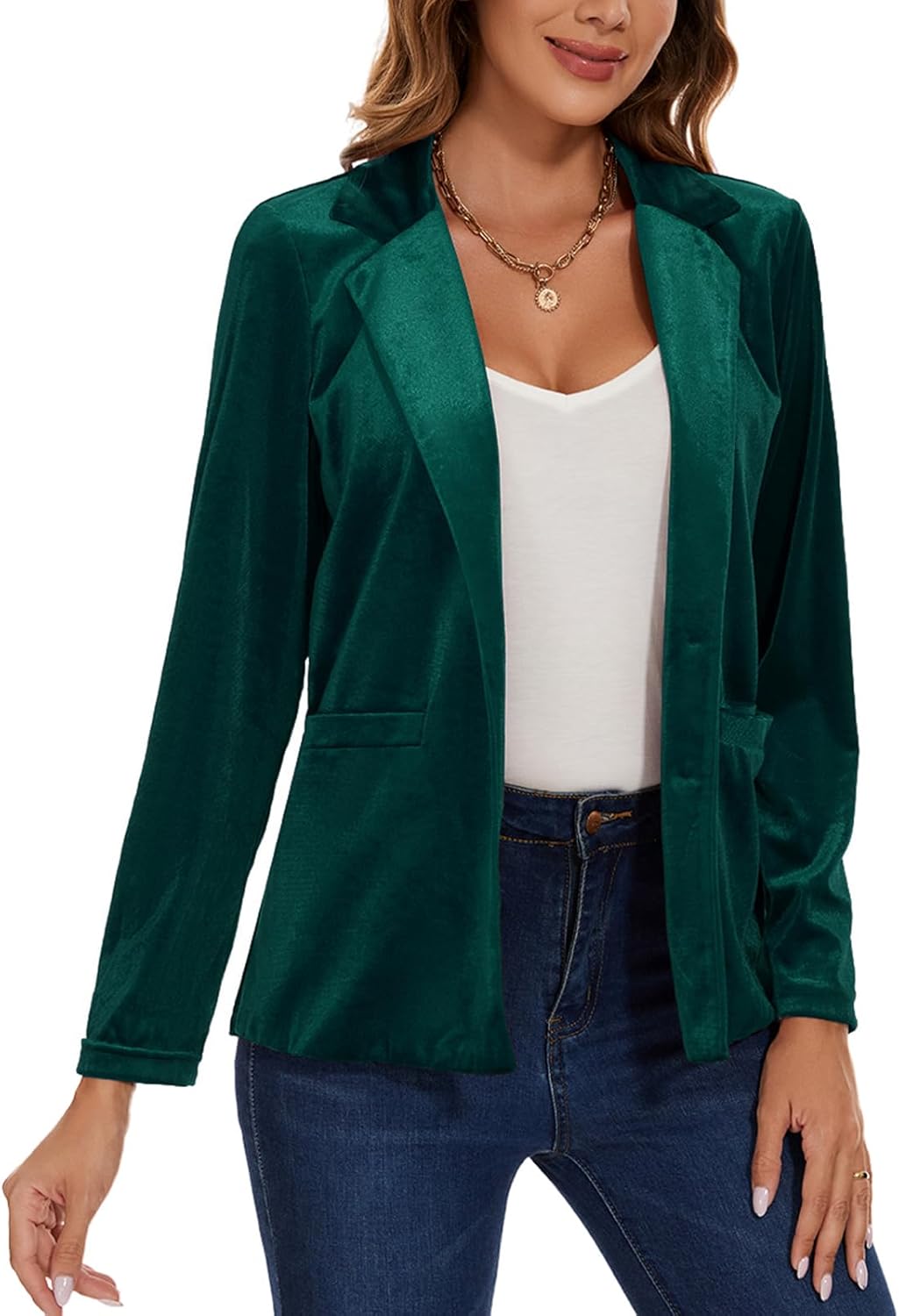 Women's Velvet Suit Blazer Jacket Casual Office Work Long Sleeve Button Pockets Tailored Jacket Coat Blazer - Image 5