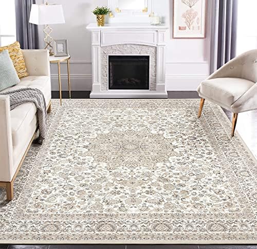 Area Rug Living Room Rugs: 5x7 Oriental Persian Floral Distressed Carpet Large Machine Washable Indoor Non Slip Decor Carpets for Under Dining Table Farmhouse Bedroom Nursery Home Office Beige