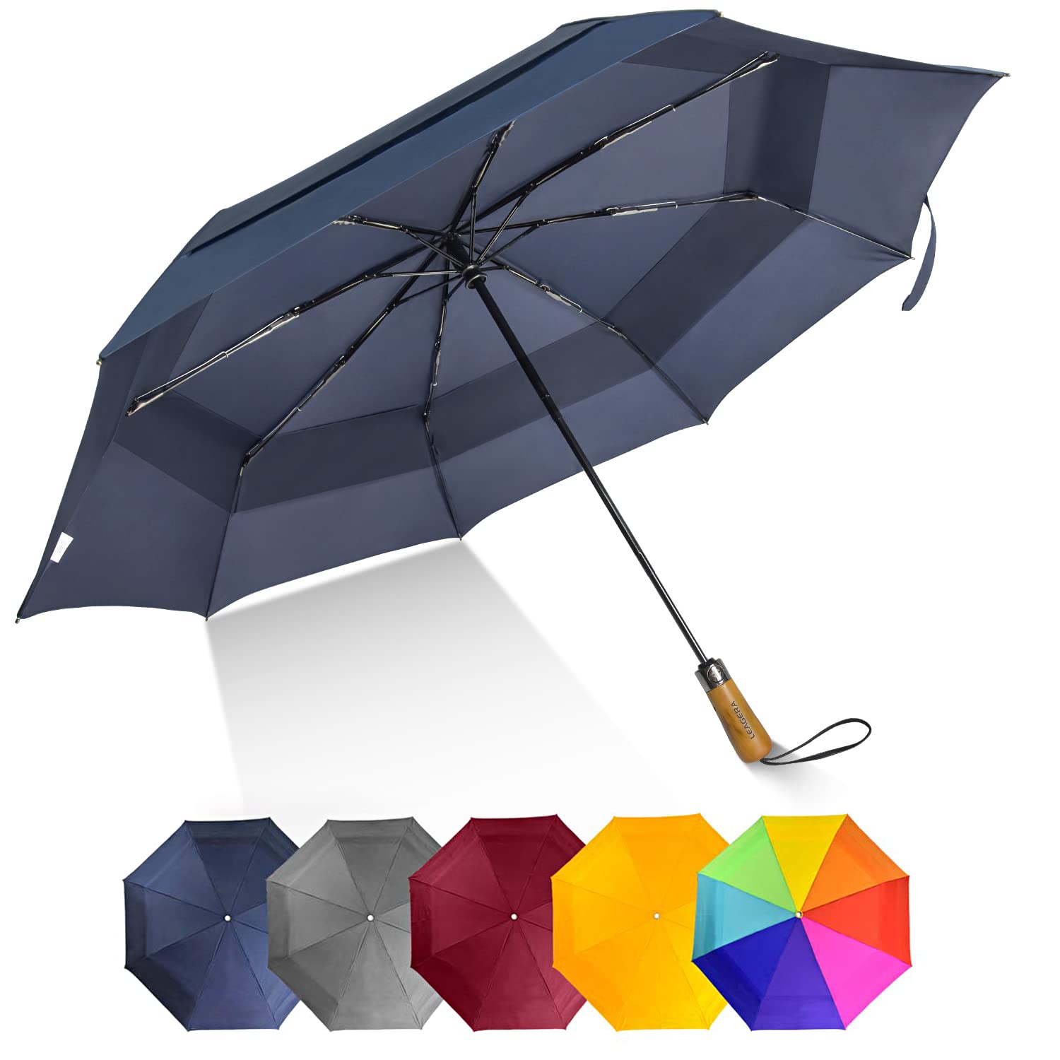 Oversized Travel Umbrella Folding - Compact Automatic Golf Size - Mens Double Canopy Umbrella Windproof Multiple Colors Rainbow/Blue/Grey/Yellow/Wine Red, 02.Blue, L, large umbrella