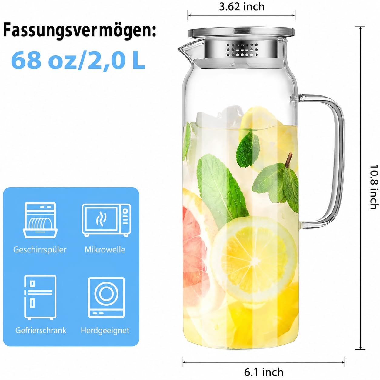 Juego de 2 jarras de agua de cristal con tapa, jarra de zumo de 2 litros – Vidrio de borosilicato con asa para bebidas calientes y frías como agua, zumo, leche, té, café – Jarra transparente para