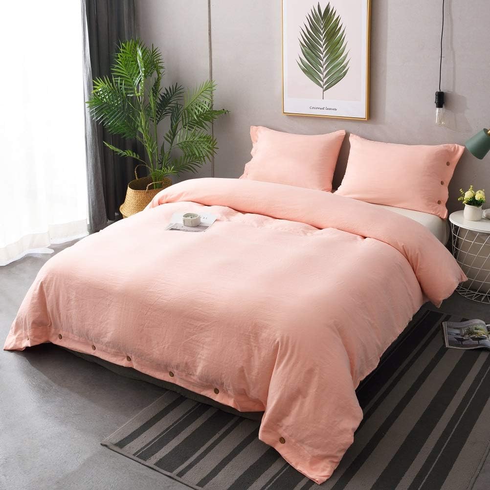 M&Meagle Pink Duvet Cover,Solid Color Button Design,100% Microfiber Treated by Washed Cotton Process,Feels Like a Very Soft Cotton-King Size(3Pcs,1 Duvet Cover 2 Pillowcases)