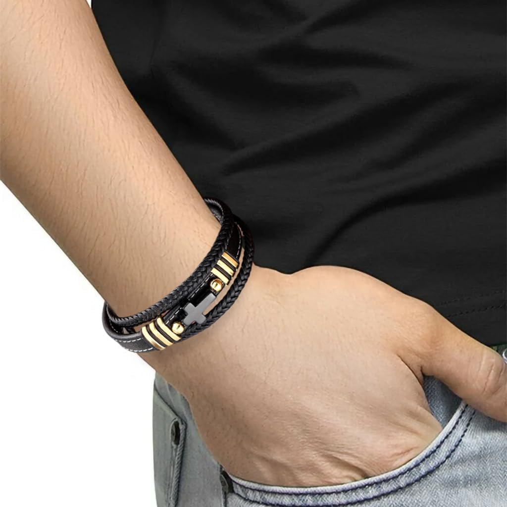 Cross Leather Bracelet, For Men Multilayer Braided Memorial Wristband Bangle Stainless Steel Buckle Religious Activities Holiday Gifts - Image 2
