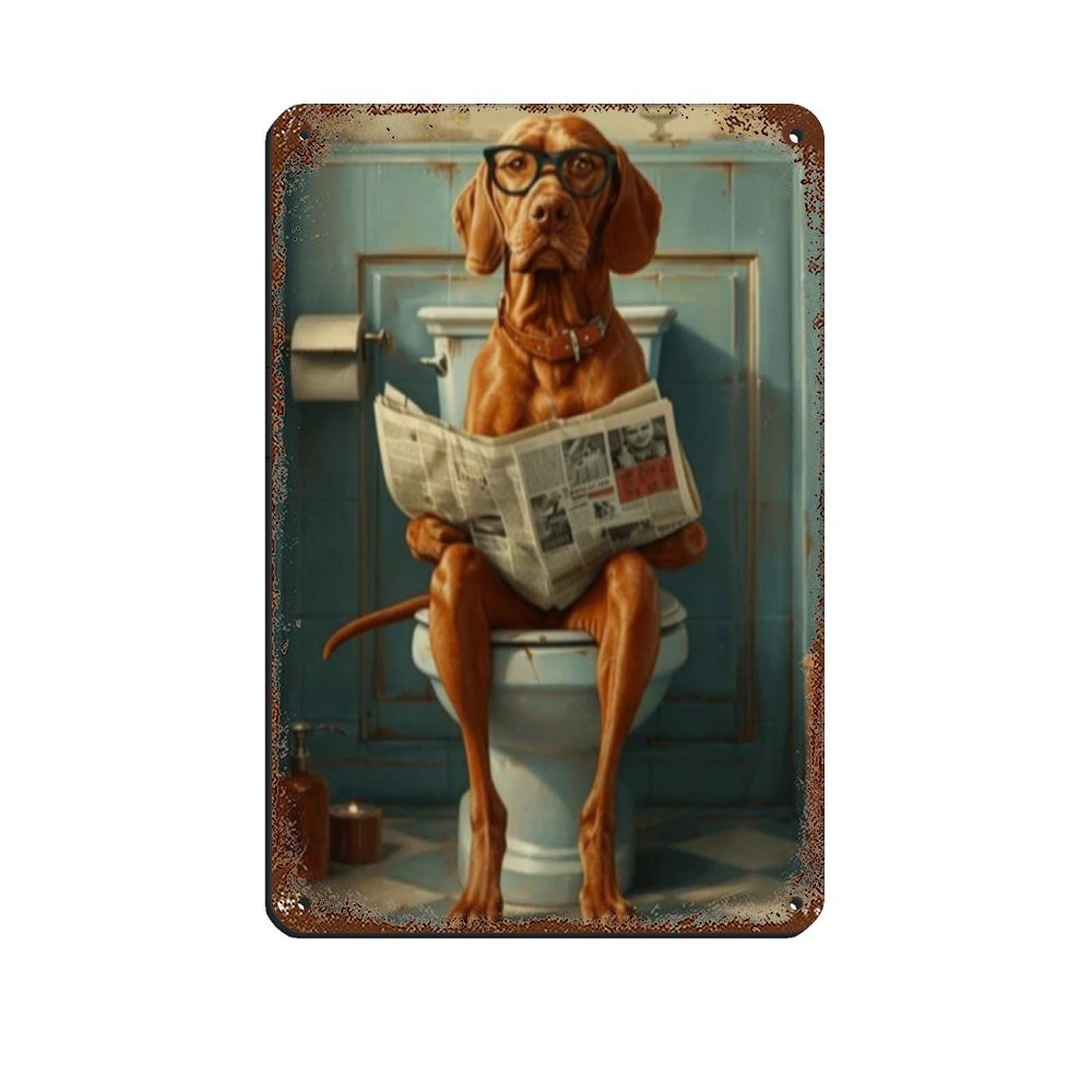 Vizsla on The Toilet And Reading Newspaper Retro Poster Metal Tin Sign Chic Art Retro Iron Painting Bar People Cave Cafe Family Garage Poster Wall Decoration 8x12inch(20x30cm)