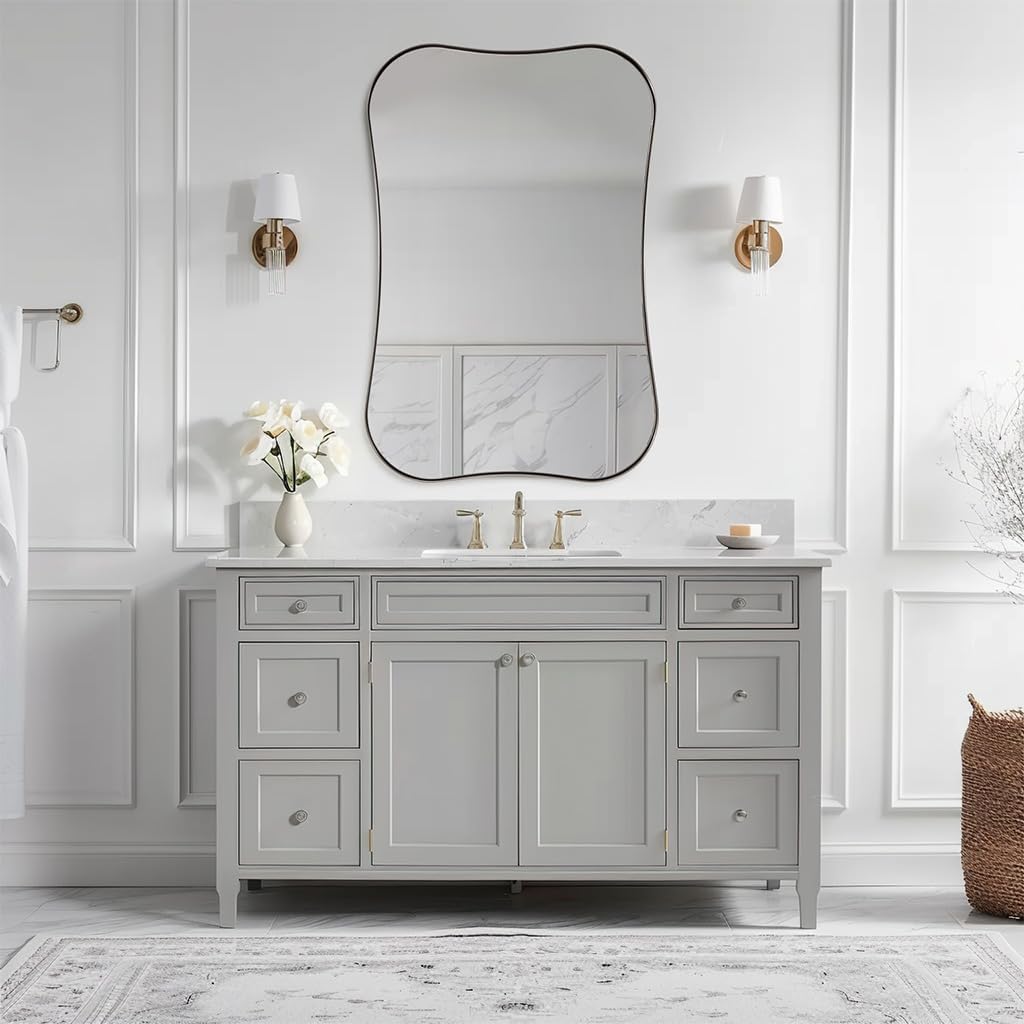 ANDY STAR Chrome Bathroom Mirror 24x36'', Rounded Corner Scalloped Mirror Butterfly-Shaped Notched Mirror for Bathroom Sink in 1'' Antirust SUS304 Silver Metal Frame Wall Mounted for Home Remodel