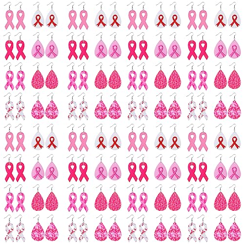 40 Pairs Breast Cancer Awareness Earrings for Women Lightweight PU Leather Pink Ribbon Earrings Teardrop Women's Drop Dangle Earrings Bulk for Women Support Statement Jewelry, 8 Styles