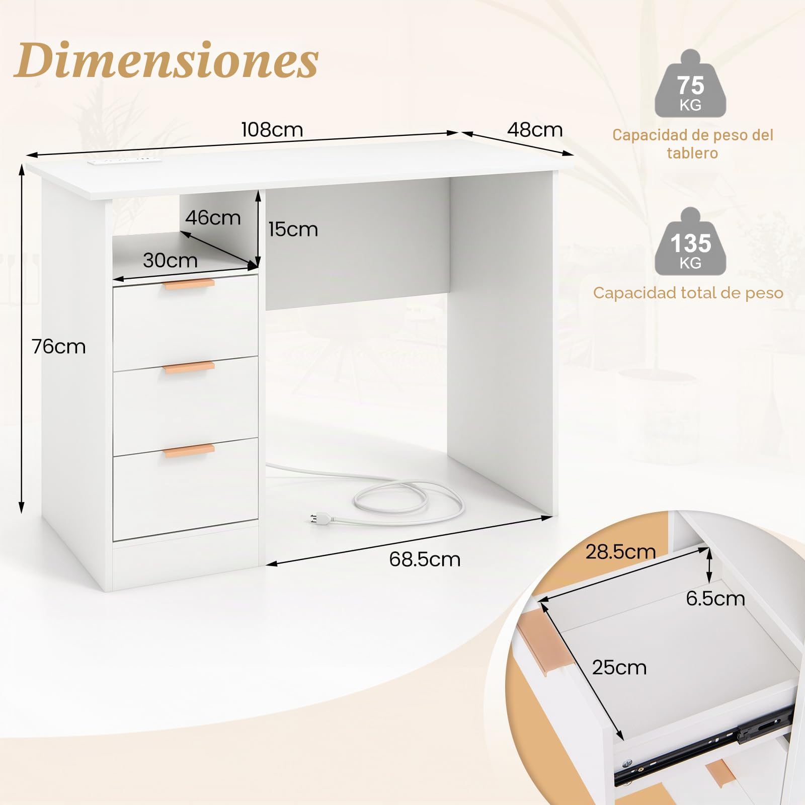 GIANTEX Escritorio de Ordenador con 3 Cajones Laterales y 1 Compartimento Abierto, Mesa de Trabajo con Estación de Carga, 108 x 48 x 76 cm, Escritorio para Dormitorio, Oficina (Blanco)