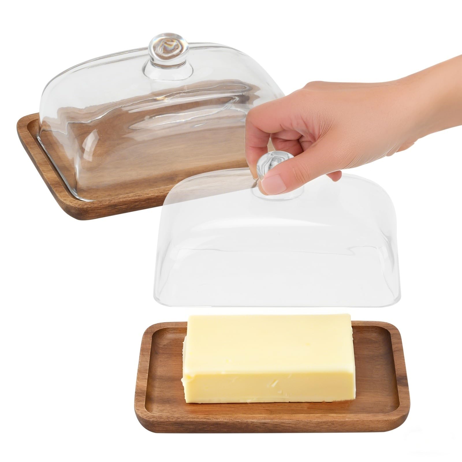 BSDLZCH Elegant Acacia Butter Dish with Glass Lid (18x12.5cm)