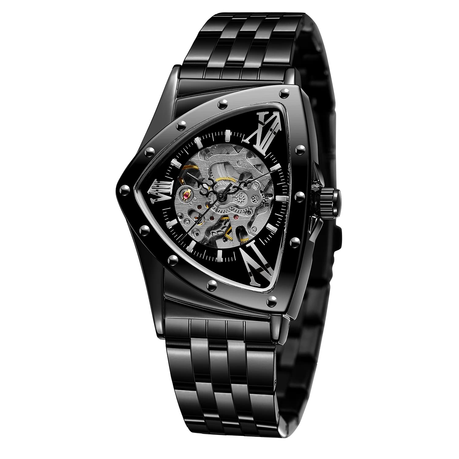FORSINING Montre pour homme étanche à 30 m Squelette Creux Automatique Éblouissant Rétro Triangle Montre-bracelet