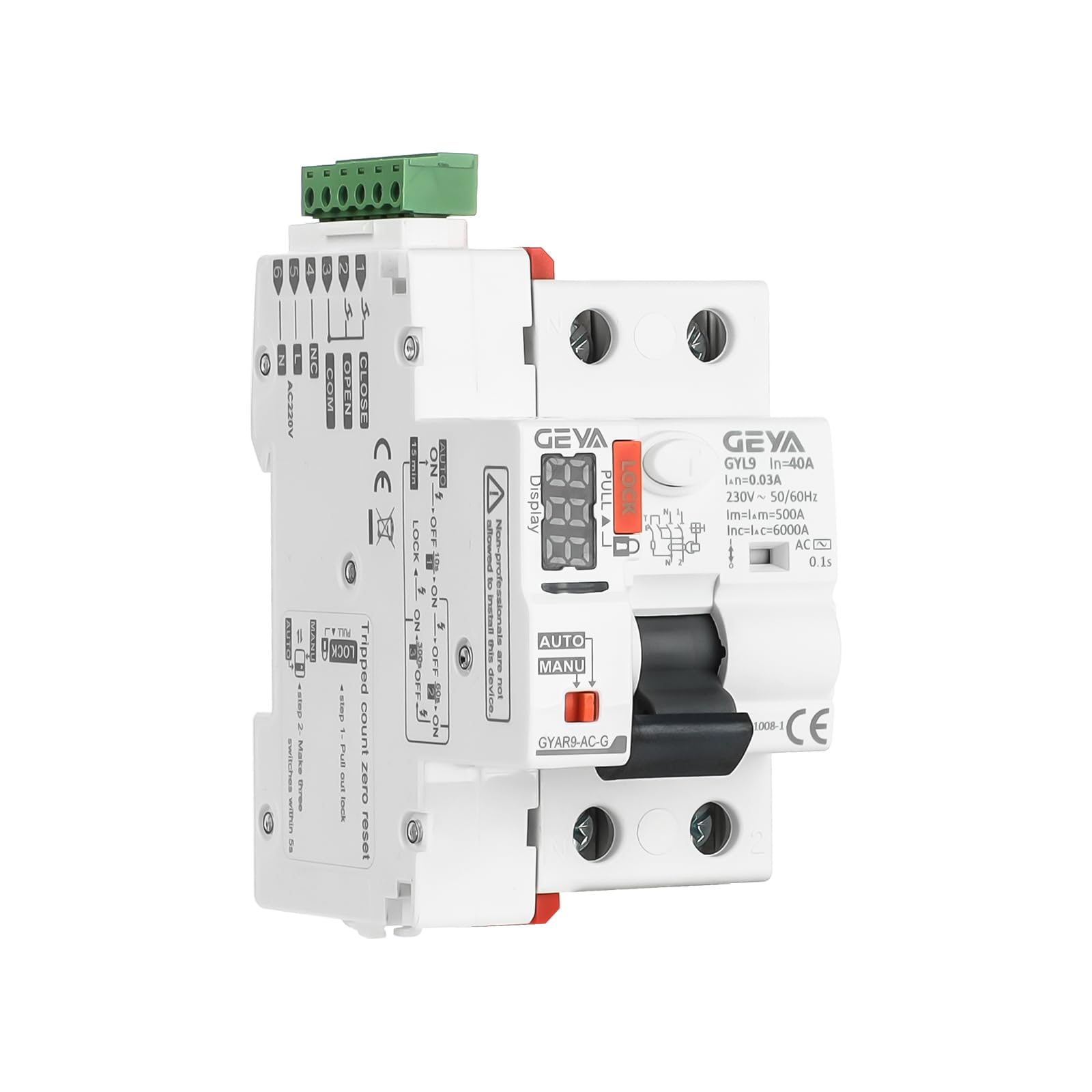 GEYA Auto Recloser RCCB Dispositivo de reconexión automática Disyuntor inteligente Pantalla digital del tiempo de conmutación(Type AC-2P-40A-0.03A)