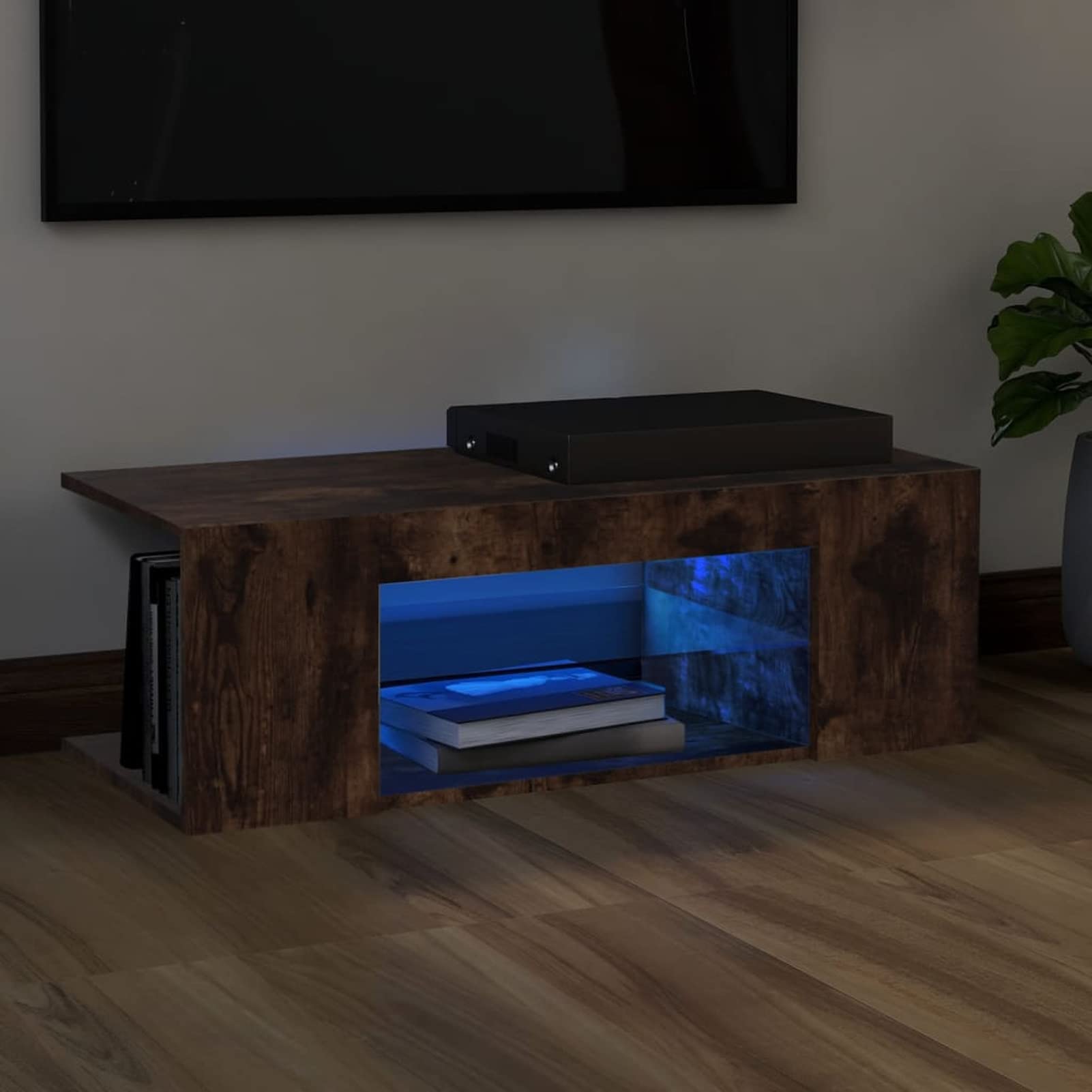 Homgoday Stolik pod telewizor ze światłami LED Dąb dymny 90 x 39 x 30 cm, szafka pod telewizor salon jadalnia stół kawowy telewizor sprzęt muzyczny szafa meble telewizor meble meble