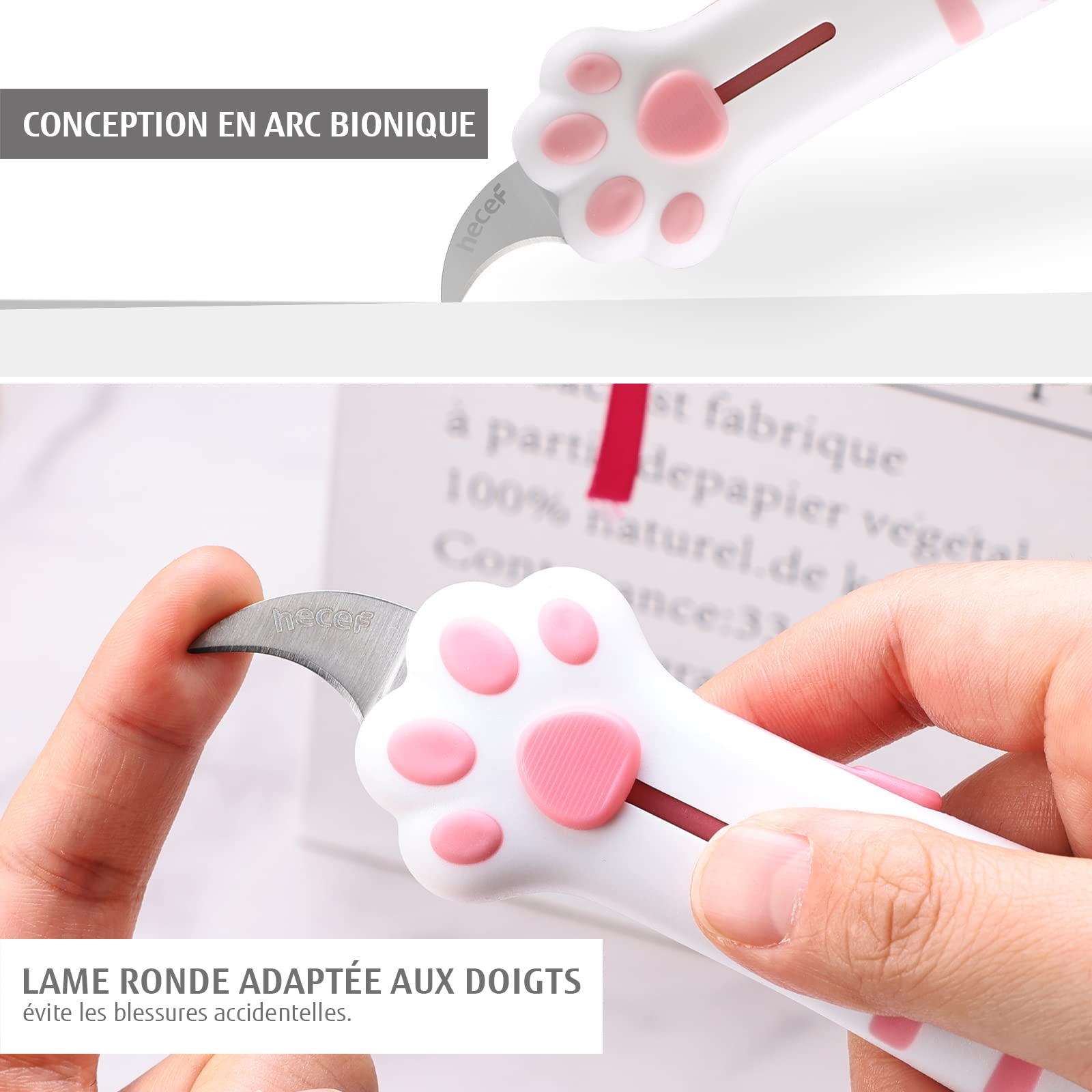 hecef Set de 3 couteaux utilitaires, cutter rétractable avec lame en acier allemand et manche en patte de chat, set de couteaux multifonctions en rosa