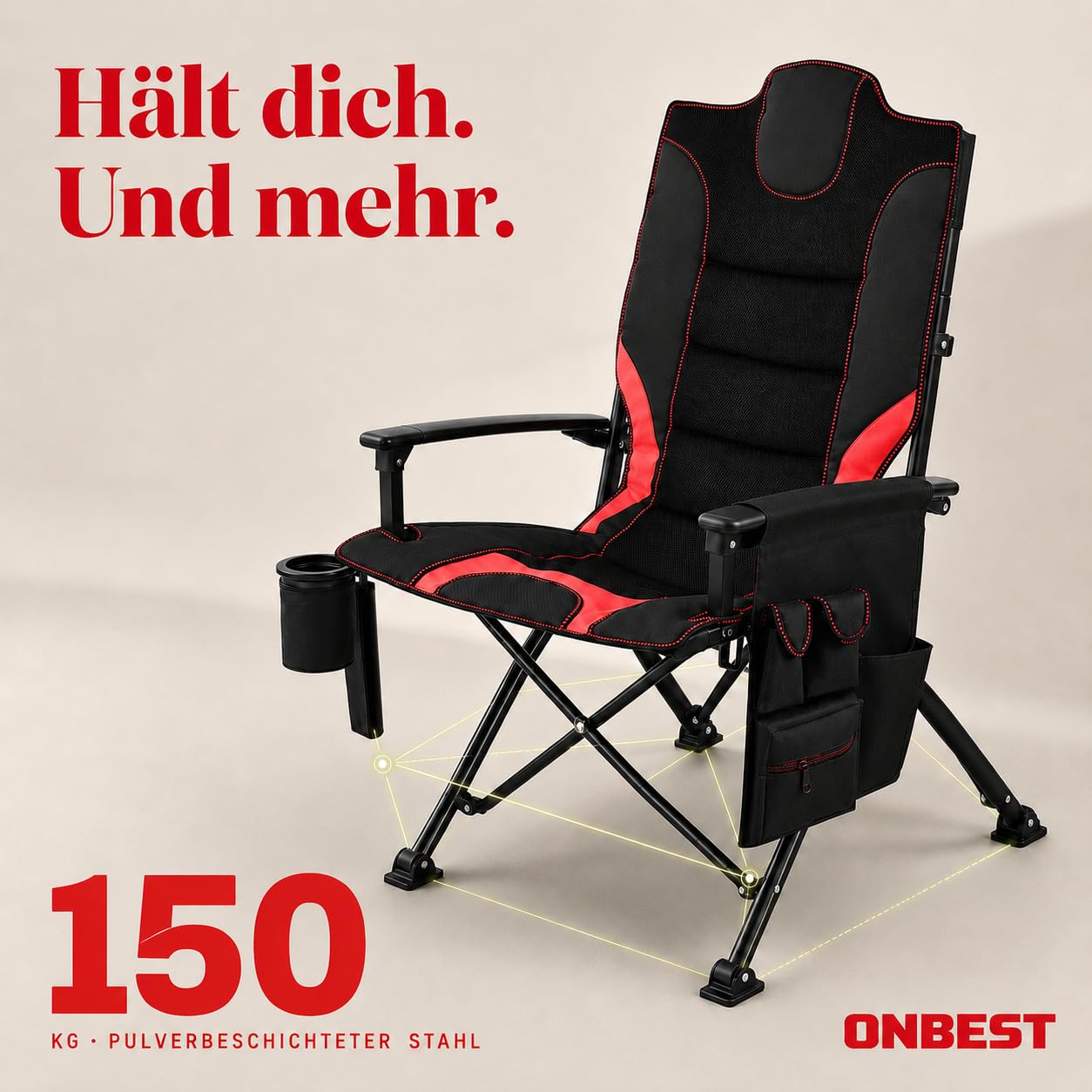 Onbest Campingstuhl faltbar, Hochlehner bequem gepolstert mit viel Stauraum, Getränkehalter, 2 Armlehnen, bis 150 kg belastbar, Klappstuhl kompakt & leicht mit Tasche, Camping Stuhl