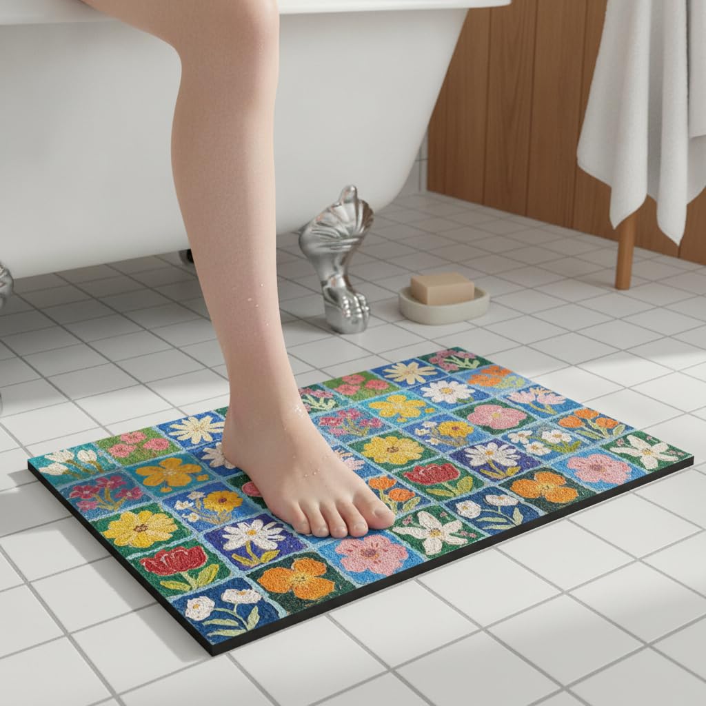 Tappetino da Bagno in atomacea, Fiori B, 80x120cm | Superficie assorbente, Tappetino Bagno Composito, Davanti al lavabo, Per cerca praticità