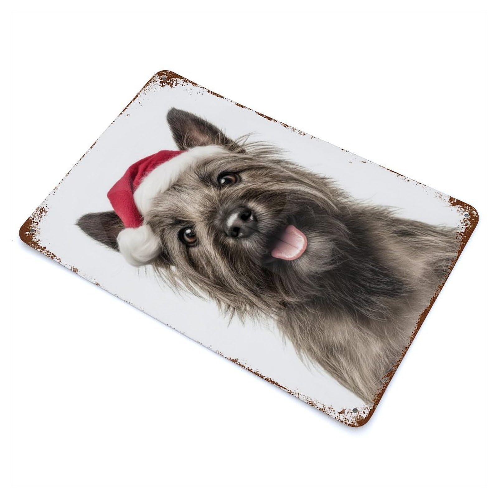 Cairn Terrier Dog with Santa Hat Portrait Aged Metal Wall Plaque 11.8"x7.9", Industrial Home Decor for Pub, Kitchen And Man Cave Decor