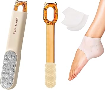 2-in-1 Foot File Callus Remover Set, Stainless Steel Foot Scrubber with Silicone Brush & Heel Gel Socks for Smooth Feet Orange