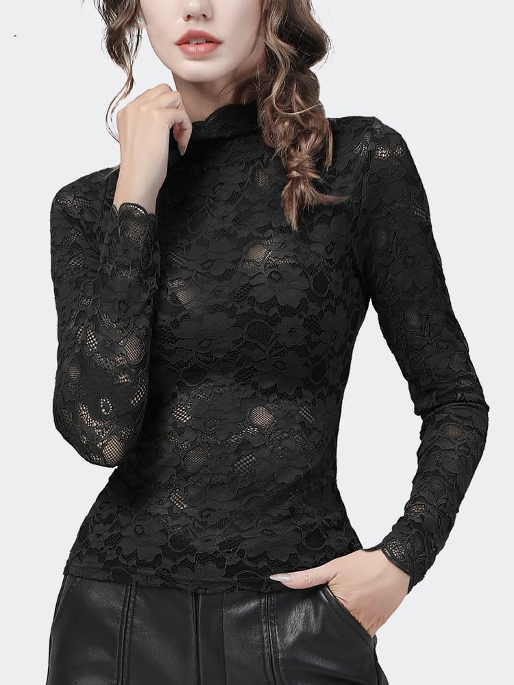 Camisas Sexy Flaco Gancho Flor Hueco Encaje Top con Sujetador 2 Piezas Manga Larga Cuello Alto Otoño Mujer Blusa (Gris XXL)