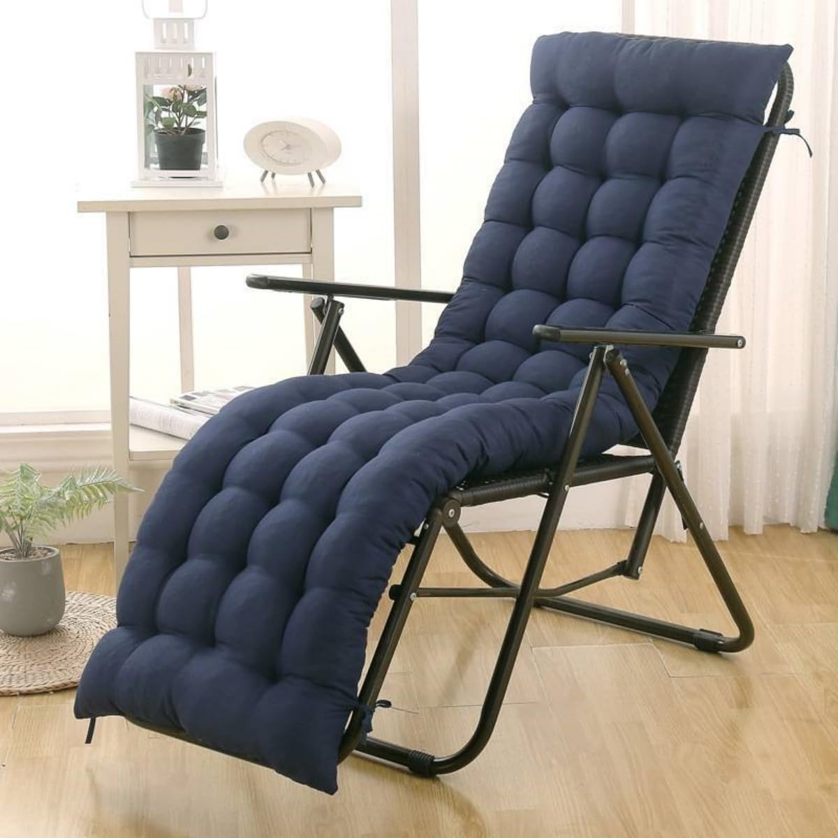 Highdi Sun Lounger Cushion Only, Garden Sunlounger Cushion Replacement, Solid Color Soft Thick Rocking Chair Pad with Ties for Sunbed, Garden Patio Lounge, Outdoor Reclining (Navy blue,53x155cm)