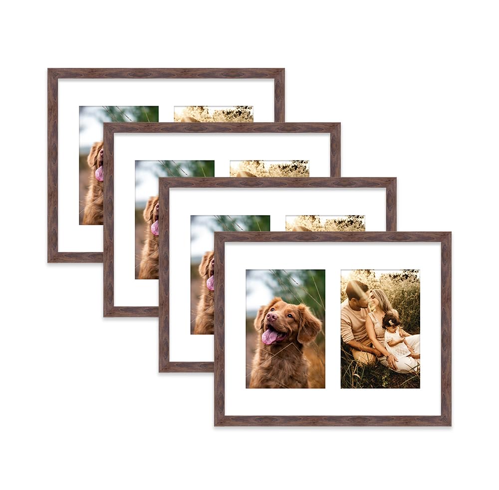 Walnut Multi Photo Frame - Holds 2 x 6x4 Pictures, Family Collage Picture Frame for Wall Display, 10x8 Frame size, Set of 4