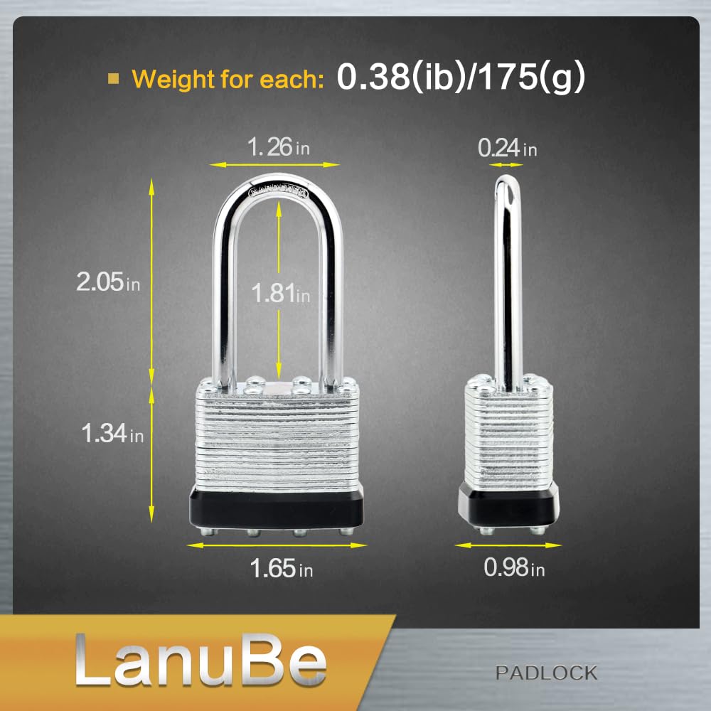 LanuBe Candado laminado con llave (1-9/16 pulgadas, 40 mm), cerraduras con llave igual, grillete largo, aro de plástico negro marcado, paquete de 24