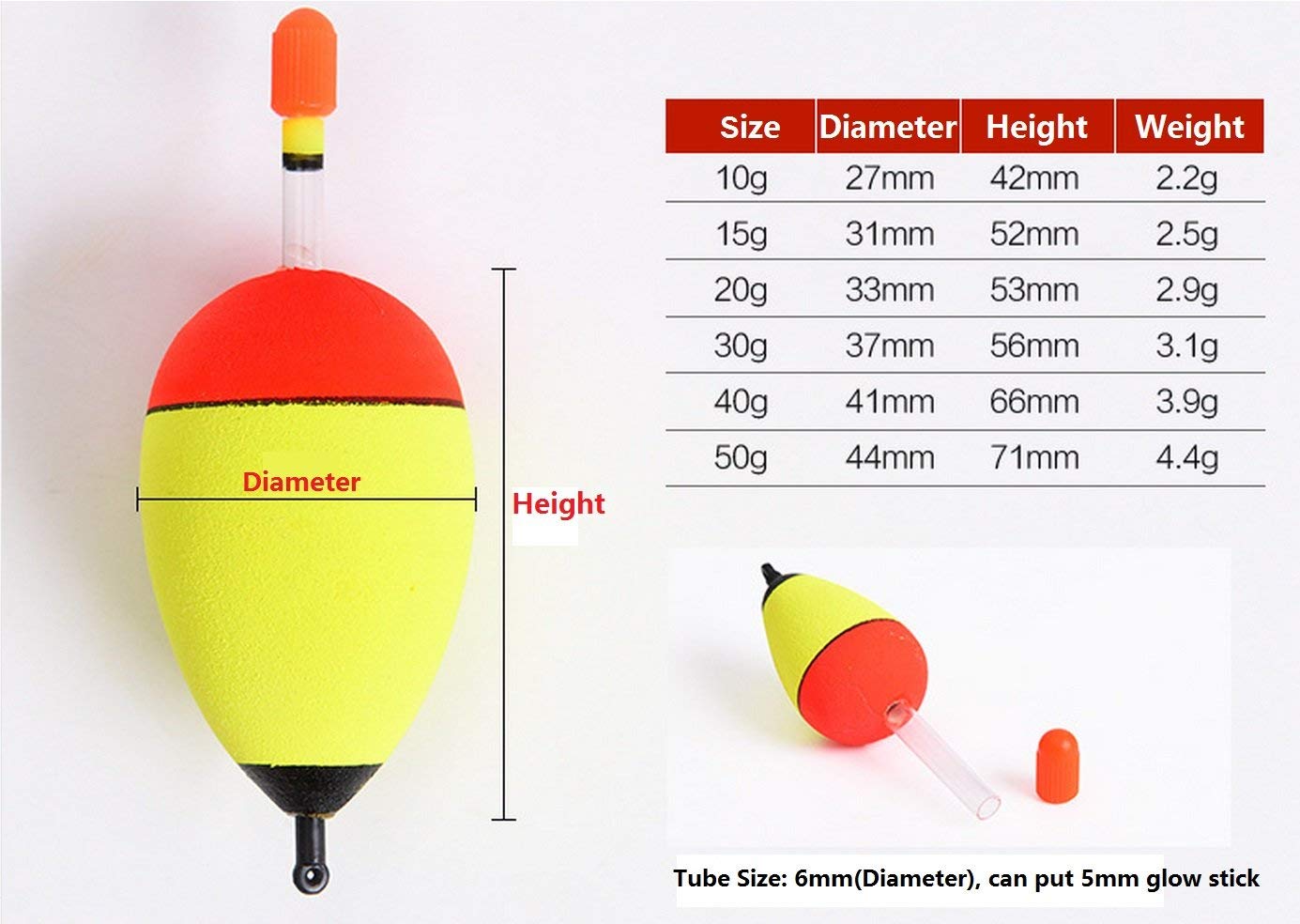 Lot De 4 Flotteurs De Pêche Lumineux – Mousse EVA – 5g / 8g / 10g / 12g – Sans Batterie – Pour Brochet, Perche, Carpe – Pêche De Jour Et De Nuit