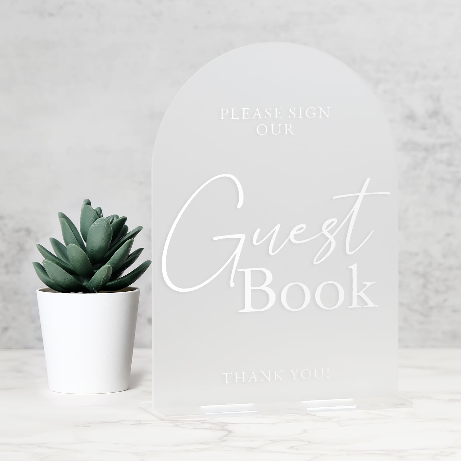 Frosted Arch Acrylic Wedding Sign- 5"x7" Please Sign Our Guestbook Sign and Base,1/8" Thick | Modern Calligraphy White Lettering Arched Acrylic Sign for Wedding