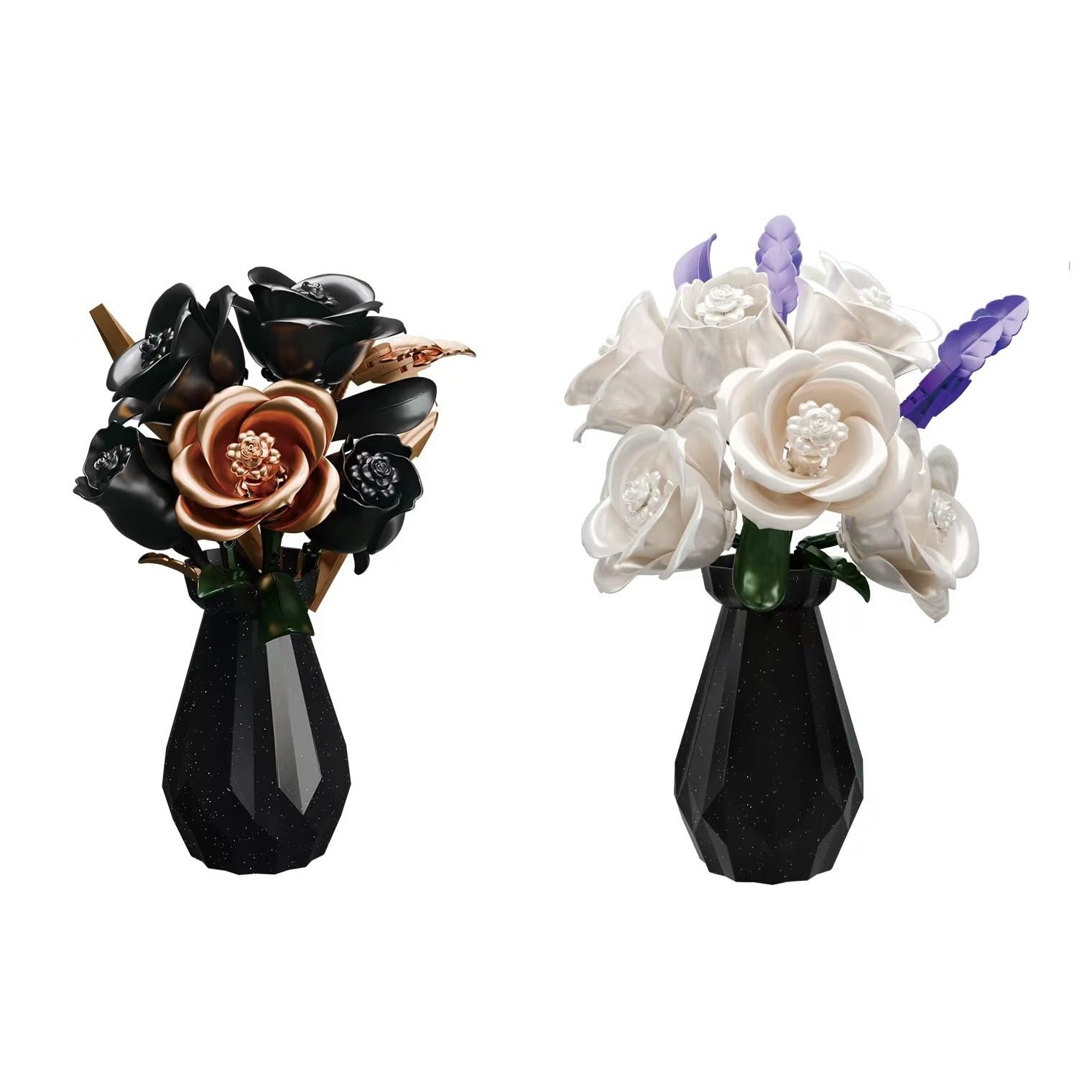 Flower Bouquet Building Set with Vase, 3D Puzzles Artificial Roses Flowers for Adults Creative Flowers Building Blocks Set Toy DIY Decor for Home Office,Creative Gift for Lover -Black