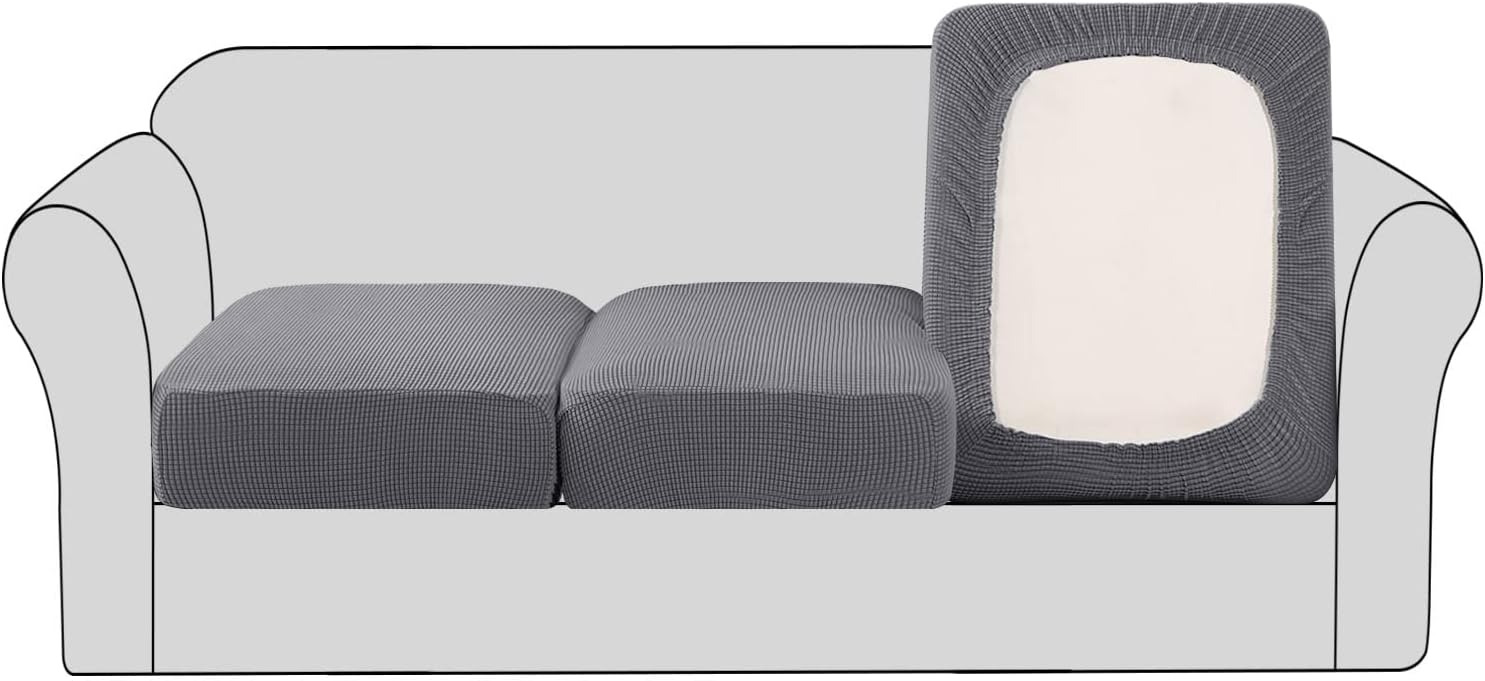 H.VERSAILTEX Stretchy Jacquard Sofa Cushion Covers 3-Pack Grey - Thick Twill Fabric Slipcovers for Couch Seats, Washable Protection
